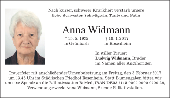 Todesanzeige von Anna Widmann von merkurtz
