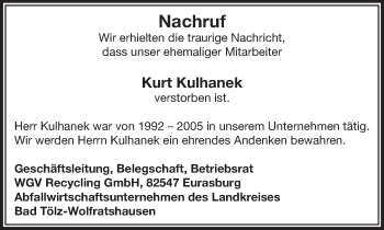 Todesanzeige von Kurt Kulhanek von Das Gelbe Blatt Penzberg