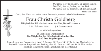 Todesanzeige von Christa Goldberg von merkurtz