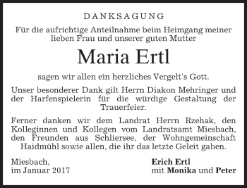 Todesanzeige von Maria Ertl von merkurtz