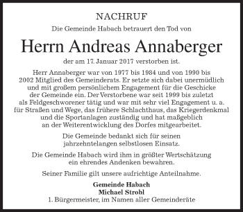 Todesanzeige von Andreas Annaberger von merkurtz