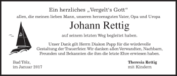 Todesanzeige von Johann Rettig von merkurtz