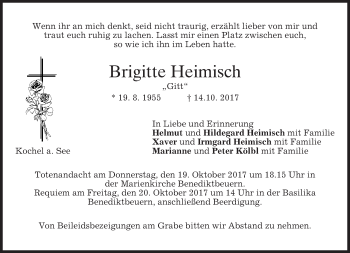 Todesanzeige von Brigitte Heimisch von merkurtz
