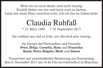 Todesanzeige von Claudia Ruhfaß von merkurtz