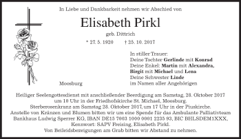 Todesanzeige von Elisabeth Pirkl von merkurtz