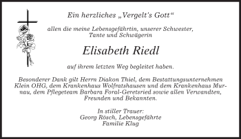 Todesanzeige von Elisabeth Riedl von merkurtz
