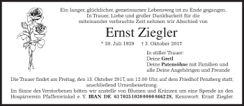 Todesanzeige von Ernst Ziegler von Das Gelbe Blatt Penzberg