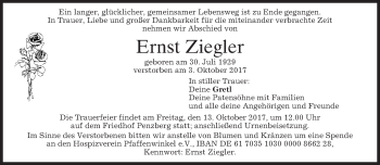 Todesanzeige von Ernst Ziegler von merkurtz