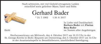 Todesanzeige von Gerhard Bader von merkurtz