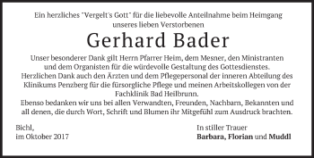 Todesanzeige von Gerhard Bader von merkurtz