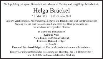 Todesanzeige von Helga Brückel von merkurtz