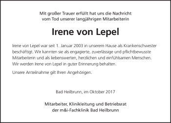 Todesanzeige von Irene von Lepel von merkurtz