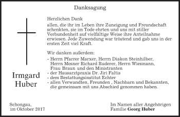 Todesanzeige von Irmgard Huber von merkurtz