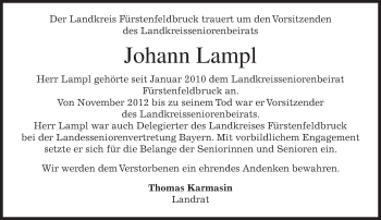 Todesanzeige von Johann Lampl von merkurtz