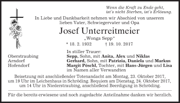 Todesanzeige von Josef Unterreitmeier von merkurtz