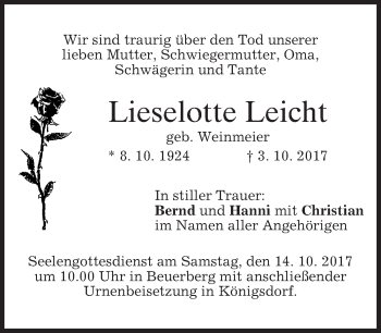 Todesanzeige von Lieselotte Leicht von merkurtz