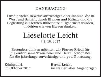 Todesanzeige von Lieselotte Leicht von merkurtz