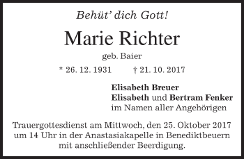 Todesanzeige von Marie Richter von merkurtz