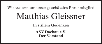 Todesanzeige von Matthias Gleissner von merkurtz