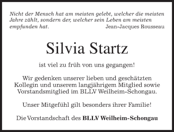 Todesanzeige von Silvia Startz von merkurtz