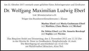 Todesanzeige von Wolfgang Maximilian Ludwig Eberl von merkurtz