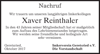 Todesanzeige von Xaver Reinthaler von merkurtz