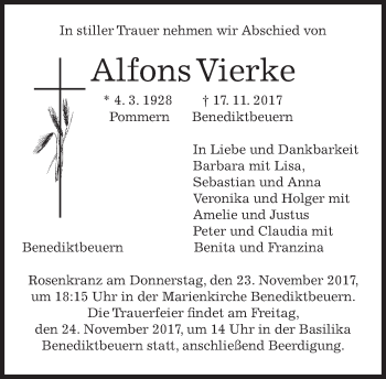 Todesanzeige von Alfons Vierke von Das Gelbe Blatt Penzberg