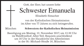 Todesanzeige von Elisabeth Simacher von merkurtz