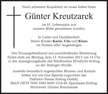 Todesanzeige von Günter Kreutzarek von merkurtz
