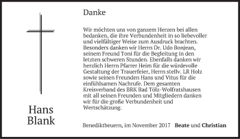 Todesanzeige von Hans Blank von merkurtz