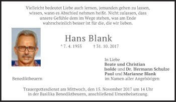 Todesanzeige von Hans Blank von merkurtz