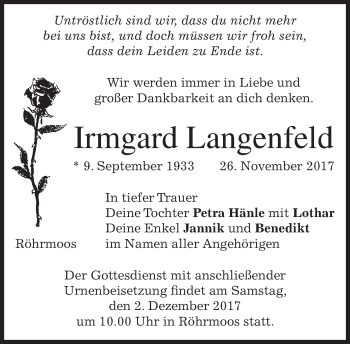 Todesanzeige von Irmgard Langenfeld von merkurtz