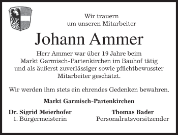 Todesanzeige von Johann Ammer von merkurtz
