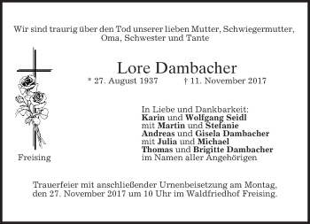 Todesanzeige von Lore Dambacher von merkurtz