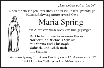 Todesanzeige von Maria Spring von merkurtz