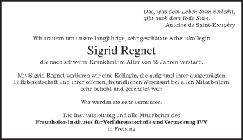 Todesanzeige von Sigrid Regnet von merkurtz