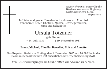 Todesanzeige von Ursula Totzauer von merkurtz