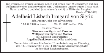 Todesanzeige von Adelheid Lisbeth Irmgard von Sigriz von merkurtz
