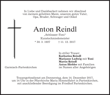Todesanzeige von Anton Reindl von merkurtz