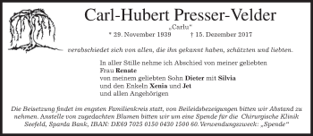 Todesanzeige von Carl-Hubert Presser-Velder von merkurtz