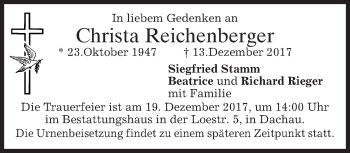 Todesanzeige von Christa Reichenberger von merkurtz