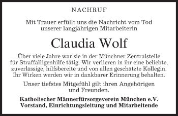 Todesanzeige von Claudia Wolf von merkurtz
