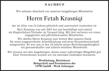 Todesanzeige von Fetah Krasniqi von merkurtz
