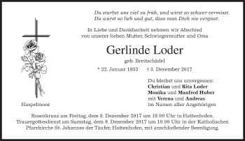 Todesanzeige von Gerlinde Loder von merkurtz