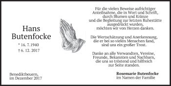Todesanzeige von Hans Butenfocke von merkurtz