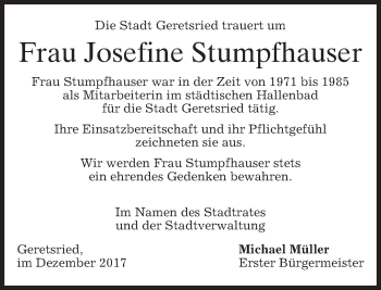 Todesanzeige von Josefine Stumpfhauser von merkurtz