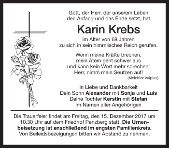 Todesanzeige von Karin Krebs von Das Gelbe Blatt Penzberg