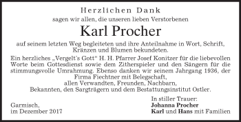 Todesanzeige von Karl Procher von merkurtz