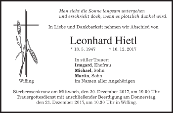 Todesanzeige von Leonhard Hietl von merkurtz
