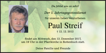 Todesanzeige von Paul Streif von merkurtz